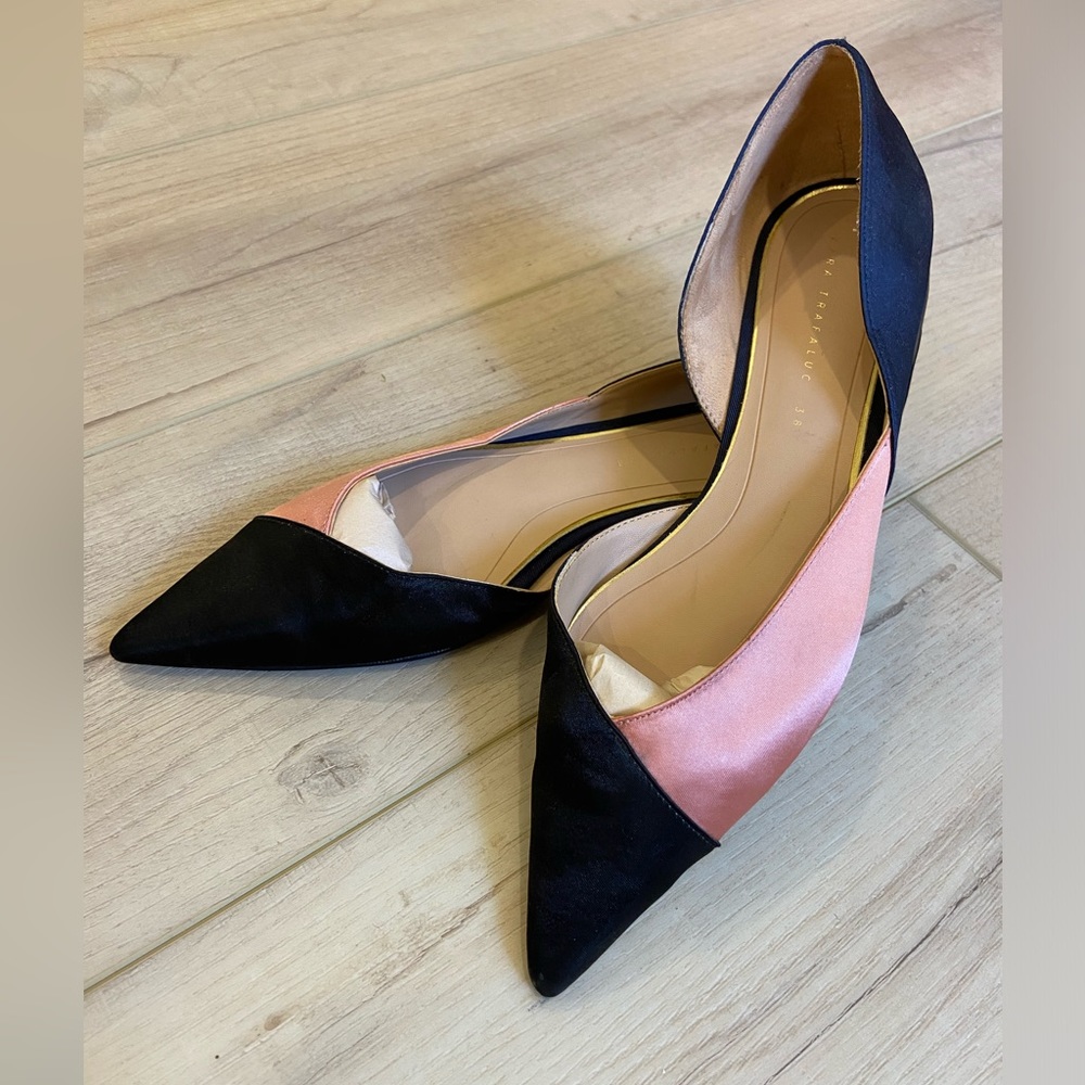 Zara Pink and Black Satin Pointed Toe Flats